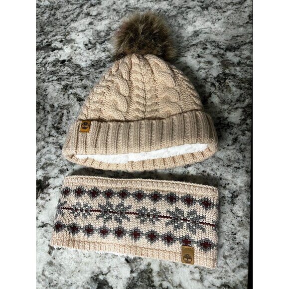 Timberland Womens Autumn Woods Cable Beanie with Pom & Headband OS - Picture 1 of 6